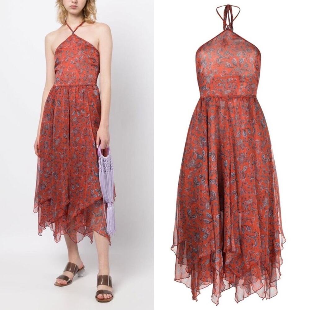 MISA LOS ANGELES Adele Paisley Halter Handkerchief Hem Dress Midi Layered Large